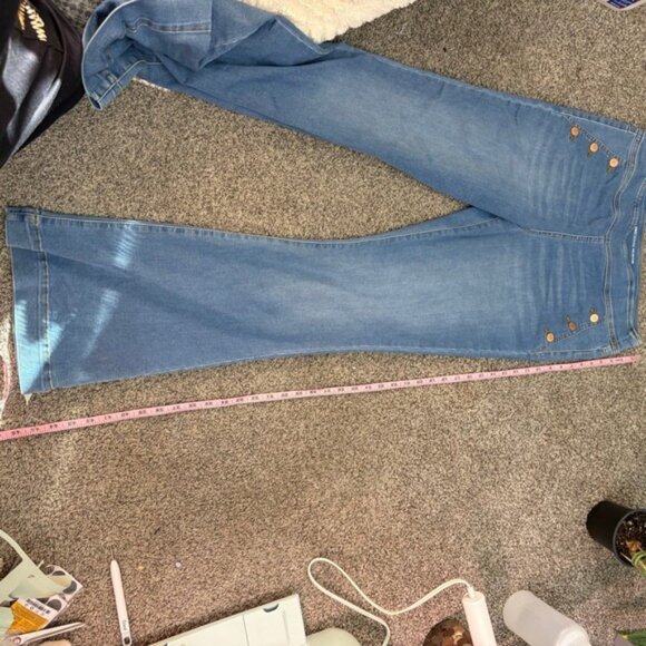 Women's Flare Leg Sailor Denim Jeans High Waist Button‎ Accent Wide Leg - Picture 9 of 10
